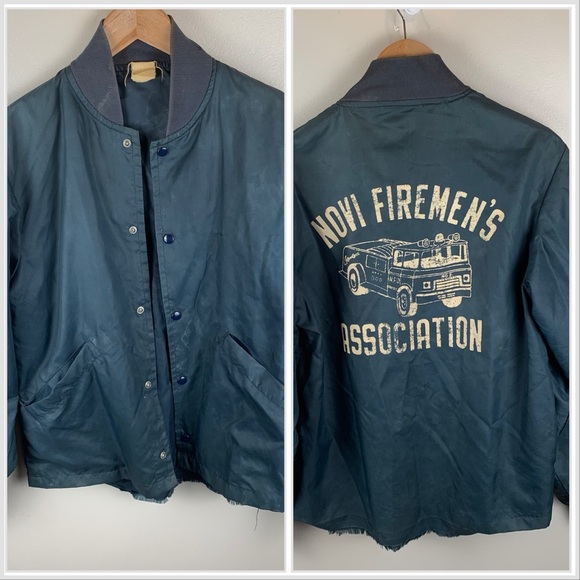 Other - True Vintage Jacket Windbreaker Back Graphic Fire Truck  Snaps Mens M Flaws Blue